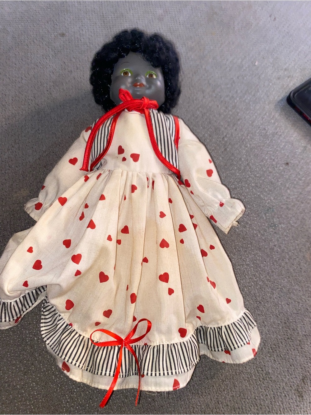 Black Doll in Cream Dress with Red Heart Print